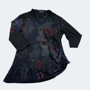 Boho Chic V-Neck Knit Top Paisley Asymmetric Hem 3/4 Sleeve Stretch Shirt XL USA